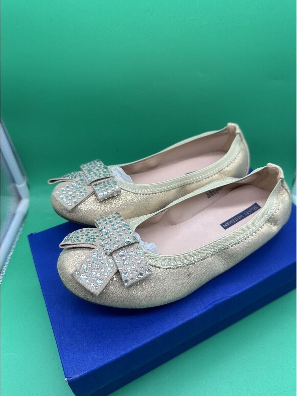 Stuart Weitzman Girl’s Sz 2 Fannie Stardust Ballet Flat/Bow Summer Shoes Golden